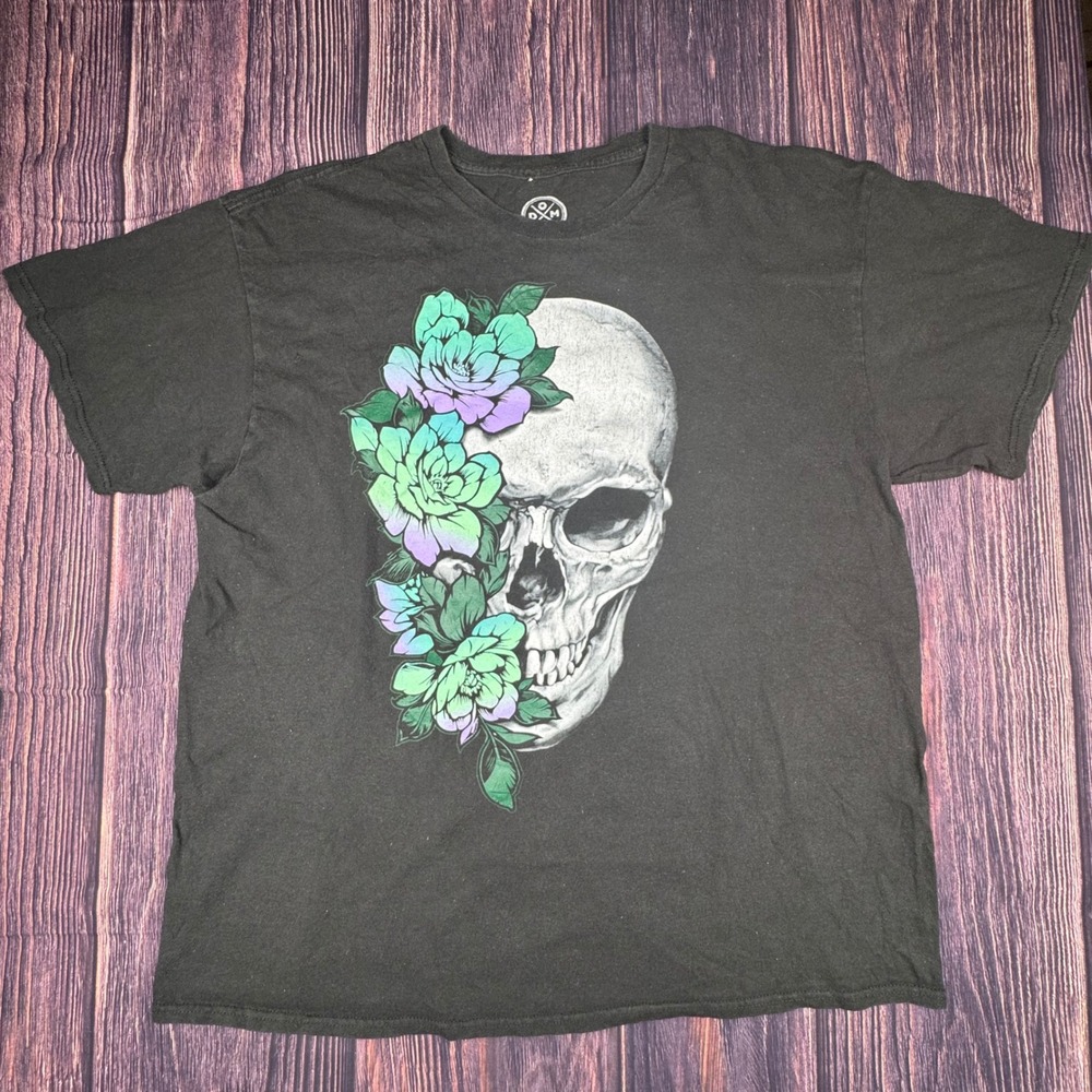 DOM Skull Floral‎ Shirt XL Cotton Gothic Tattoo Streetwear Graphic Tee Black